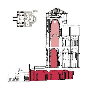 Elevation of the medieval cathedral with the sacred space of the Portico of Glory