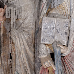 Detail of Saint Peter’s attribute, his keys; and of Saint Paul’s open book