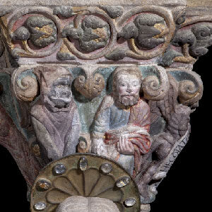 Detail from the capital of the Temptations in the mullion of the Portico of Glory