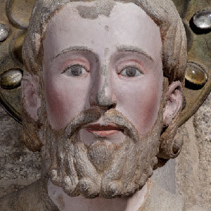 Detail of the face of Saint James the Greater in the mullion of the Portico of Glory