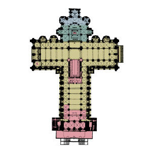 Plan with the constructive stages in the Romanesque cathedral. Coloured in pink, intervention of Master Mateo