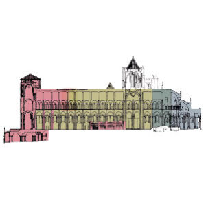 Elevation with the constructive stages in the Romanesque cathedral. Coloured in pink, intervention of Master Mateo