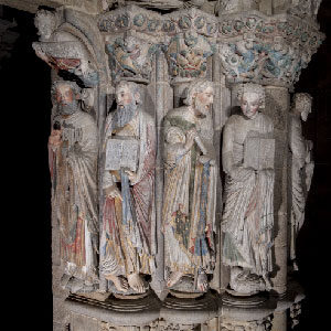 Column statues on the pillar of the apostles. Peter, Paul, Saint James, and John