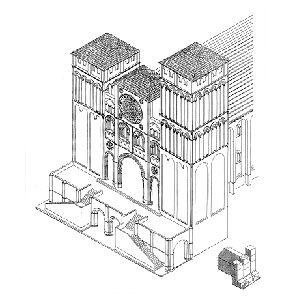 Reconstrución hipotética da fachada occidental da catedral de Santiago en 1211. Debuxo. J. A. Puente