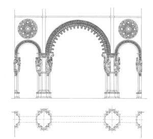 Reconstrucción hipotética de la portada exterior del Pórtico de la Gloria. Según R. Otero (Dibujo J. R. Soraluce)